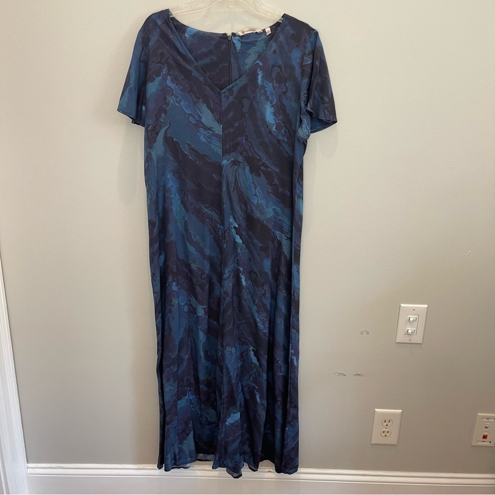 Soft Surroundings Dress Womens L Blue Marble Print Flutter Sleeve Viscose Maxi